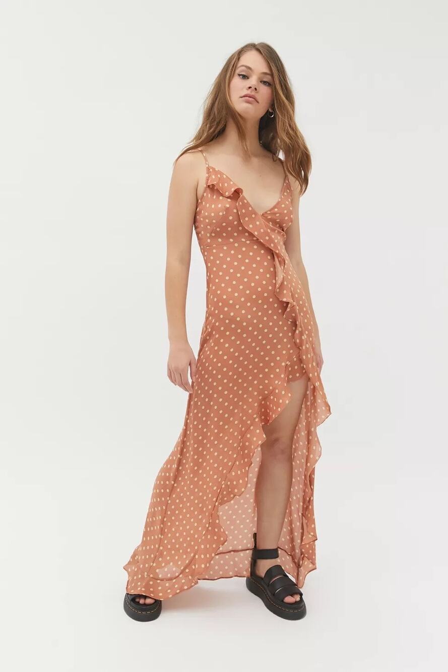 Dress Forum Brown White Polka Dot Sleeveless Ruffle High Low Maxi Dress Size S
